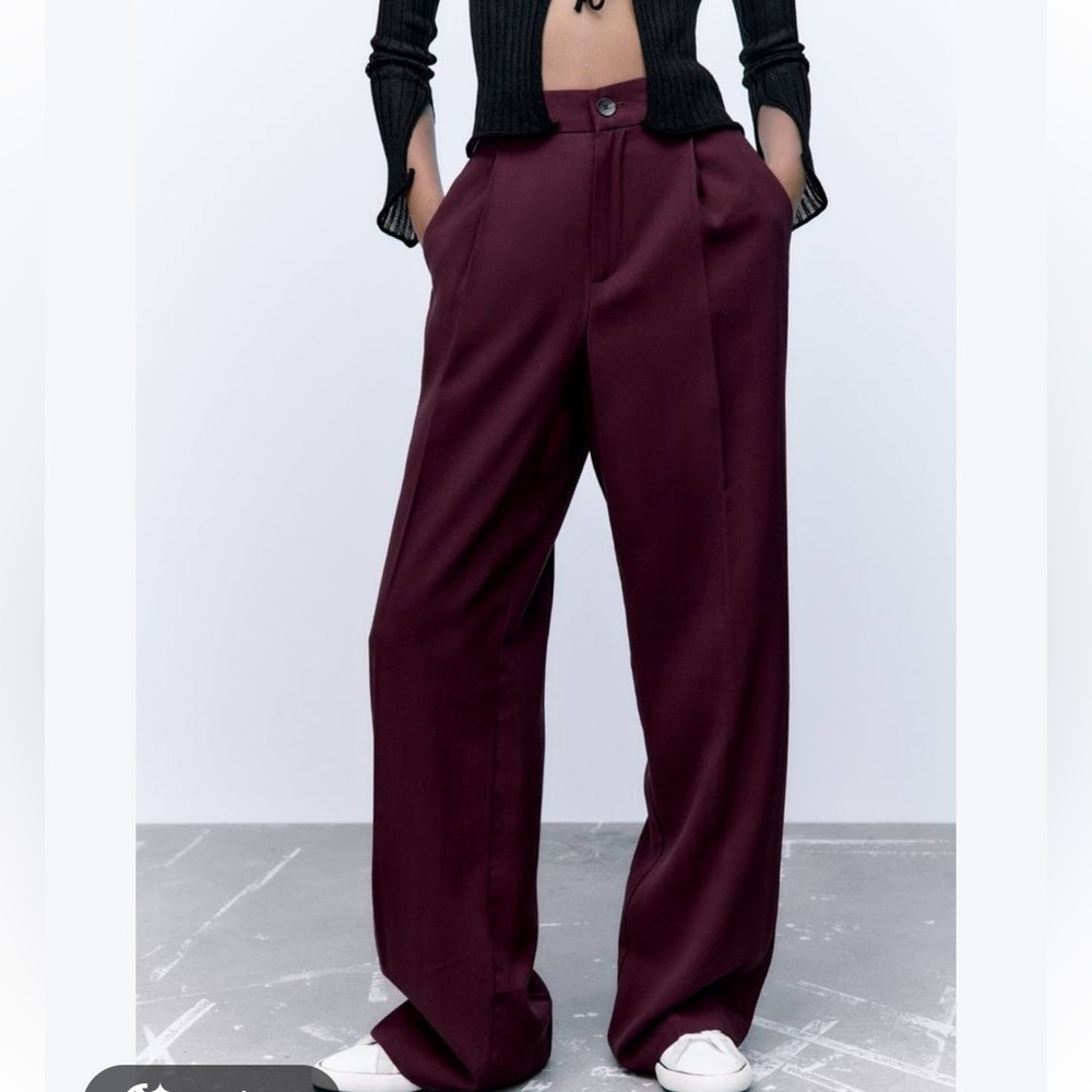 Zara ZW Collection Tailored Wide Leg Pants Darted Pleated High Waist Burgundy S